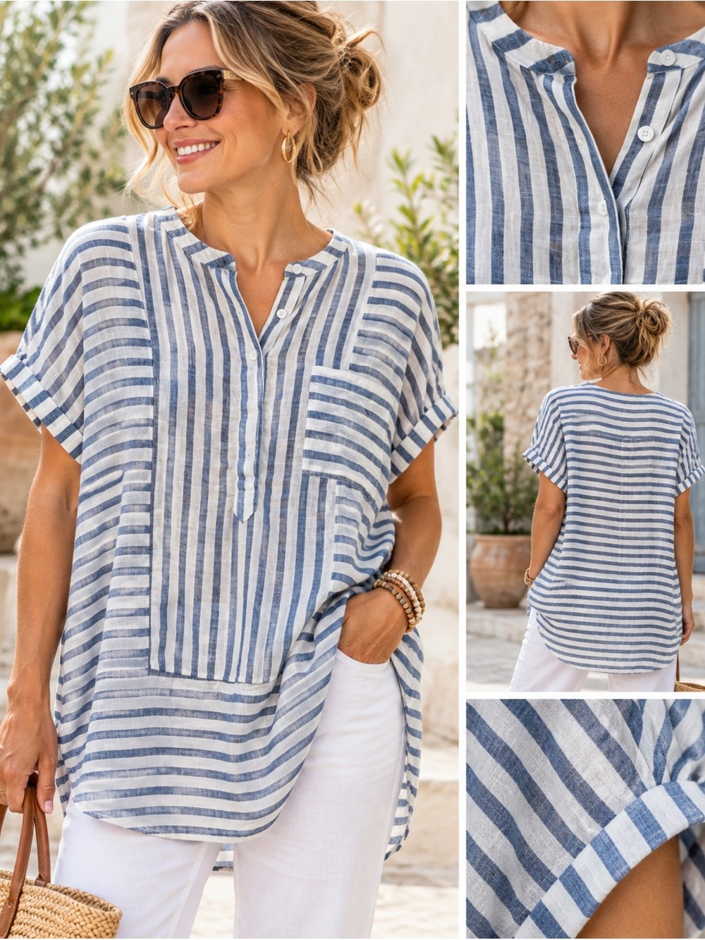 Two by Vince Camuto White and Blue Striped Short-Sleeve Button-Front Shirt XL